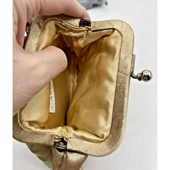 Carolee Mini Handbag Gold Satin Beaded Handle Evening Clutch Kiss Lock Purse - Picture 11 of 16